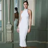 Verão Branco Halter Clube Bandage Dress Sexy Sem Mangas Pérolas Celebridade Noite Pista de Pista MIDI para Mulheres 210423