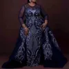 Sparkly Sequins Navy Blue African Evening Dresses with Detachable Train Long Sleeves Elegant Women Formal Prom Dresses Plus Size