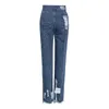 Casual Loch Jeans für Frauen Hohe Taille Patchwork Quaste Gerade Streetwear Denim Hosen Weibliche Mode Stilvolle 210521