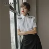 Embroidery Floral Double Collared Shirt Women Summer Short Sleeve White Office Blouse Button Up Korean 210427