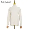 TWOTWINSTYLE solide minimaliste pull pour femmes col roulé à manches longues décontracté blanc tricoté hauts femme mode vêtements 210517