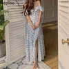 Neploe女性のドレス夏のファッションパフ半袖花レースアップvestidos韓国のエレガントスリムウエストセクシースプリットマキシドレス210422