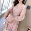 Elegant Lace V-neck Dress Women Mesh Patchwork Long Sleeve Dress Women Dress Button Front Vintage Evening Dresses 210522