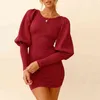 Autumn Winter Elegant Ladies Knit Party Dress Sexy Solid Lantern Long Sleeved Women Bodycon Dress Fashion O-neck Knitted Dress Y1204