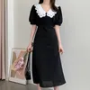 Korejpaa Women Dress Korea Chic Temperament Double-layer Doll Collar Contrast Pleated Lace-up Waist Bubble Sleeve Vestidos 210526