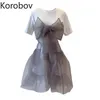 Korobov Frauen süße elegante zwei Teile Sets Korean O Hals kurzärmelig Bow Patchwork T-Shirt und hohe Taille A-Line-Netzröcke 210430