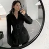 여성 블랙 블레이저 벨트 두꺼운 퀼트 재킷 여성 코트 가을 겨울 패션 코트 Femme Jaqueta Feminina 210608