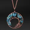 Weave Tree of Life Natural Stone Pendant Halsband Bron Wire Agate Amethyst Turquoise Pärlor Halsband för kvinnor Barn mode smycken vilja och sandig
