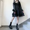 Nieuwe Japanse lolita -stijl dames prinses zwarte mini -jurken hoge taille gotische jurk lange puff mouw kanten ruches feestjurken 210319