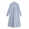 VUWWYV Blauw Gestreept Oversize Shirt Jurk Dames Zomer Casual Streetwear Button Up Kraag Vrouw Lange Mouwen MIDI ES 210430