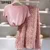 Toppies Summer Cute Pink Set Women Two Pieces Set Casual Cotton Linen Slim T-shirts High Waist Skirts 210730