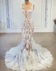 Sexy Sheer Neck Mermaid Wedding Dresses 2021 Luxury Lace Applique Bridal Gowns with Feathers vestido de fiesta2999