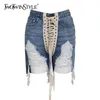 Patchwork Cross Strap Denim Damskie Szorty Wysoka Talia Otwór Tassel Streetwear Kobieta Lato Moda 210521