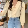 Yitimuceng кнопка рубашка женщины офис леди шифон топы корейский модный блузка однокомнатность желтый с длинным рукавом весна лето 210601