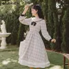 Franse retro stijl lente herfst vrouwen midi jurk Peter pan kraag boog plaid vintage elegante ruches A-lijn 210520