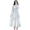 Wiosna Letnia Eleganckie Kobiety Suknie Flare Rękaw Turtleneck Elastyczna Party Waist Party White Dress Mujer Vestidos Drop 210514