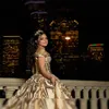 2021 Abiti da ballo in oro brillante Abiti Quinceanera con perline Spalle scoperte Tulle Paillettes Sweet 15 16 Abito XV Party Wear333t