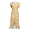 Floral print women summer dress Sexy v-neck beach wrap ruffled sash maxi long casual holiday yellow boho 210427