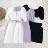 Ly Varey Lin Verão Mulheres Dois Peça Set Moda Puff Sleeve Neck quadrado Curto tops + Sexy Split Mini Saias 210526