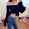 Dames Blouses Shirts Spring Korte Slash Neck Sexy Tops Vrouwen Blouse Geforfd Lange Mouwen Katoen Casual Solid Fashion voor 12575