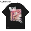 T-Shirts Hip Hop Lip Print Pins Ripped Destroyed Holes Punk Rock Gothic T-Shirts Streetwear Harajuku Casual Loose Tops 210602