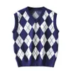 90s vintage azul argyle xadrez tricotada camisola colete estilo preppy vestuário coreano menina legal menina v neck sem mangas jumper y2k knitwear 210429