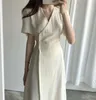 파티 드레스 2022 여성의 여름 캐주얼 V- 넥 하이 허리 고형 빈티지 유행 레이스 우아한 버튼 긴 드레스