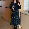 Flora bestickte koreanische lange Kleid Frauen volle Hülse O-Ausschnitt A-Linie Kleider elegante Vintage Damen Vestidos Femme Frühling 210513