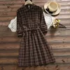 Mori menina primavera outono mulheres vestido vintage 5 cores xadrez casual vestidos verano algodão vestidos de linho feminino elegante Elbise 210520