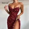 Glama Lady Drukuj Dorywczo Seksowne Suknie Dla Kobiet Bodycon Jesień Sukienka Bez Ramiączek Split Club Party Dresses Spaghetti Pasek Vestidos 210323