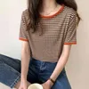Lucyweever Lato Paski Dzianiny Damskie T Shirt Moda Solid CHIC Koszulka z krótkim rękawem Koreański Casual O Neck Tees Topy 210521