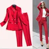Женские красные офисные брюки костюмы повседневные высококачественные двухрядные дамы Blazer тонкие брюки профессиональный маленький костюм куртка 210527