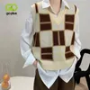 GOPLUS Vest Vintage Plaid Sweater Women Korean V-neck Knitted Sleeveless Short Gilet Femme Pull Sans Manche C10786 210909