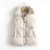 Autumn Winter Women's Solid Loose Vest Drawstring Stand Collar Long Jacket Cotton Padded Windproof Warm Waistcoat 210909