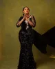 2021 Sexy Plus Size Arabski ASO EBI Black Mermaid Suknie Wieczorowe Głębokie V Neck Długie Rękawy Koronki Cekinowe Sparkly Prom Dress Formal Party Suknie Cekiny Sweep Pociąg