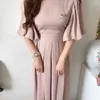 Sommar Elegant Lång Pläterad Klänning Kvinnor Koreansk stil Vintage Lantern Sleeve O-Neck Tunika Bodycon Damer Klänningar 210513