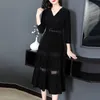 Vintage Velvet Long Maxi Dress With Belt Women Lace Splicing Sleeve V-neck Dresses Elegant Office Fashion Vestidos S-2xl 210513