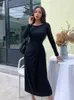 2020 Été Automne Casual Nouvelle Mode Femmes Taille haute Corée Taille haute Bow Sexy Fold Robe à manches longues Robes Maxi E144 X0521