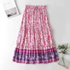Bohemia Pink Floral print Cotton Maxi Long Skirt BOHO Hippie Women Elastic High Waist Spliced Ruched pleated Skirts Holiday 210429