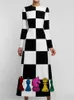 Vestidos casuais 2021 estilo europeu e americano saia longa feminino outono inverno em torno do pescoço de manga comprida impresso xadrez dress332n