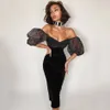 Women'S Black Dress Sexy Off-Shoulder Sparkling Tulle Stitching Design Puff Sleeve Celebrity Party Velvet Vestido 210527