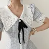 Retro Mode Zomer Dames Sweet Bowknot Puff Sleeve Vestidos Elegante Tweed Plaid Chic Mini Dress 210518