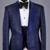 Donanma Mavi Çiçek Jakarlı Damat Smokin Düğün Slim Fit 3 Parça Erkekler Suit Ceket Yelek Siyah Pantolon Man Moda 2020 x0909