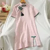 Werueruyu vrouwen cheongsam jurk korte mouwen plaid zomer stijl qipao katoen en linnen vrouwen jurk 210608