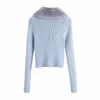 Fashion Fur Collar Women Coats Autumn Patchwork Ladies Knitwears Blue Casual Female Sweaters Bow Sashes Girls Chic 210527