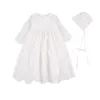 Infant Baby Girls Christening Outfit, Baptism Embroidered Lace Long Sleeve Dress Gown with Bonnet 2Pcs Clothes Set Q0716