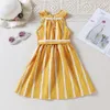 Round collar striped summer dress for baby girls yellow bow belt dresses