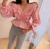 Coréen Chic mode champignon rose col en V Flare manches Blouse femmes rétro poupée volants mince taille haute chemises Blusas De Mujer 210610