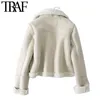 TRAF女性のファッション厚い暖かい冬の毛皮の毛皮のトリミングジャケットコートヴィンテージ長袖女性の上着シックなトップ210922