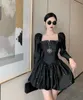 New Fashion design women's square collar puff long sleeve rhinestone gem patchwork high waist short black color ball gown dress party vestidos SML